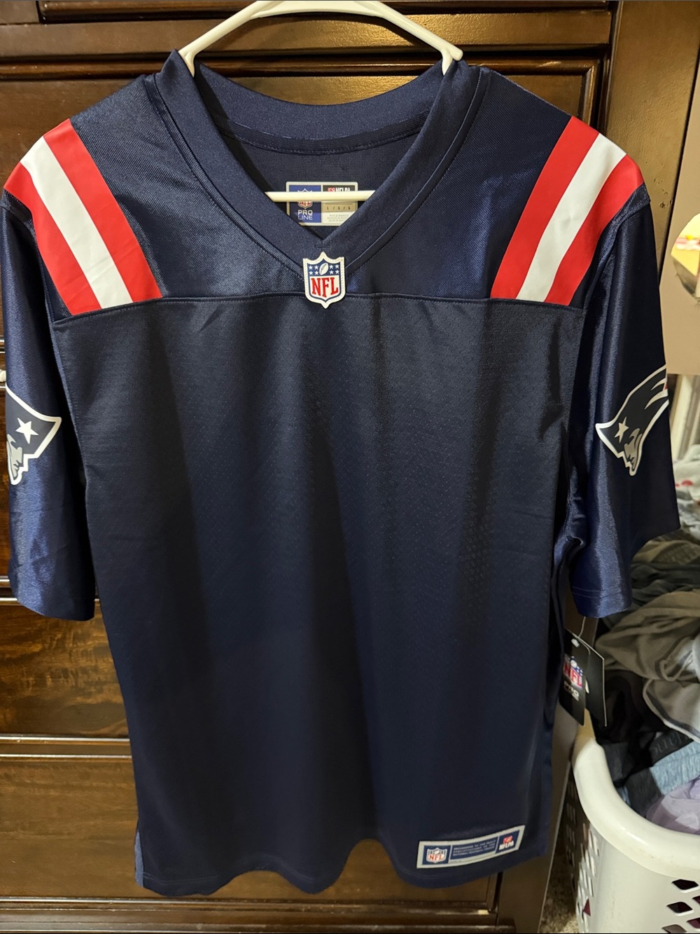 NFL Navy Football Jersey with Red & White Shoulder Stripes - Patriots Style - Picture 2 of 5